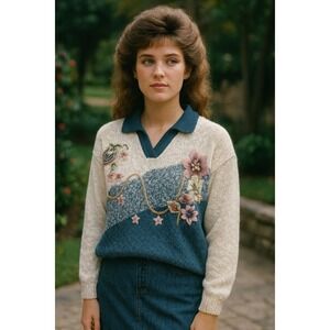 Vintage Floral Applique Knit Sweater Blue White V Neck Women's L Cottage